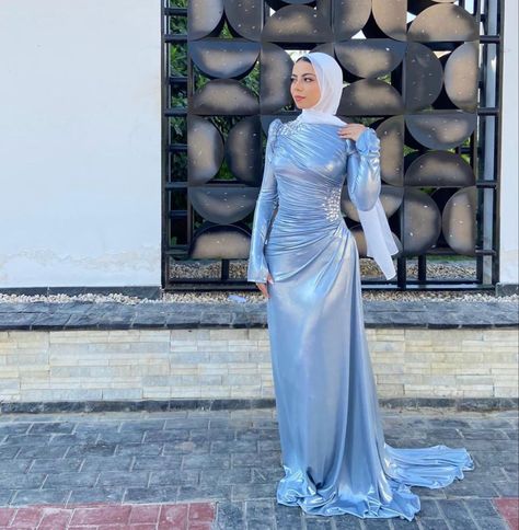 Prom Dress With Cardigan, Blue Soiree Dress, Hijabi Prom Dress, Hijabi Dresses Soiree, Hijabi Soiree, Matric Ball Dresses, Jumpsuit Hijab, Powder Blue Gown, Muslim Prom Dress