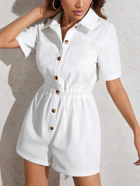 White Casual Collar Short Sleeve Fabric Plain Shirt Embellished Non-Stretch Summer Women Clothing White Jumpsuit Short, Short Jumpsuits For Women Summer Outfits, Rompers For Women, Romper Styling, Shirt Dress Short, Playsuits For Women, Jamsutes For Women, Jumpsuits Short For Women, Jumpsuits For Women Short