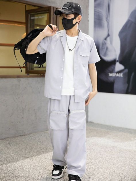 Grey Casual Collar   Plain  Embellished Non-Stretch  Teen Boys Clothing Boys Outfits Teenagers, Boys Clothes Teenagers, Boys Dressing Style, Boy Street Style, Teenager Boys, Anime Ideas