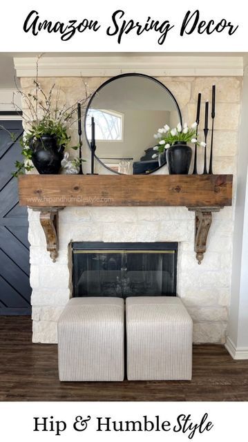 Lights On Mantle Year Round, Fireplace Mantle Decor Modern, Black Mantle Decor, Mansion Office, Mantle Decorating Ideas Fireplace, Chimney Mantel, Mantle Decor Modern, Brown Leather Couch Living Room, Spring Mantle Decor