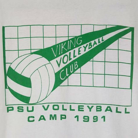 Vintage 1991 Portland State University Vikings Volleyball Camp Avia T-Shirt M Double Sided Single Stitch Oregon Screen Stars 50/50 Made in USA Manufacturer Size: M (runs small see measurements) Vintage condition: Stains, ring around the collar, graphic distressing, yellowing/discoloring. See photos. Color: White- yellowing from age and use. Approximate measurements laying flat in inches: Chest (pit to pit): 17-1/2 Length (shoulder to hem): 26 ***Measurements are provided for best fit as sizes ca Sportswear Logo Design, Vintage Volleyball Shirts, Vintage Athletic Logo, Vintage Gym Shirt, Camping T Shirt, Retro Sports Graphics, Vintage Sports Shirt, Vintage Sports Graphics, Tennis Tshirts Design