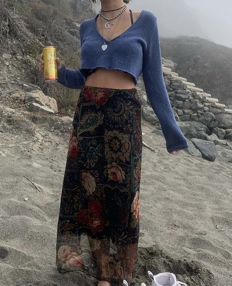 Tops That Go With Long Skirts, Brown Shade Outfits, Long Skirt Outfits Colorful, Light Boho Outfit, Mid Length Skirt Outfit Summer, Rainy Date Outfit Spring, Spring Fairy Aesthetic Outfit, Whichcore Outfit, Grunge Cottagecore Outfits Summer