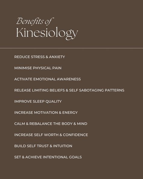 Hey, lovely people! Have you tried Kinesiology yet? It’s a fantastic way to tap into your body’s natural healing power! 💫 Whether you want to release stress, boost your energy, or find some balance, I’d love to help you out. Book an online or in-person session with me in Melbourne, and let’s get started on this journey together! 🤎 . . #KinesiologyHealing #EnergyBalancing #KinesiologyMelbourne #Kinesiologist #Kinesiology Kinesiology Aesthetic, Energy Balancing, Vision Board Wallpaper, Study Board, Aesthetic Board, Emotional Awareness, Boost Your Energy, Physical Pain, Improve Sleep Quality