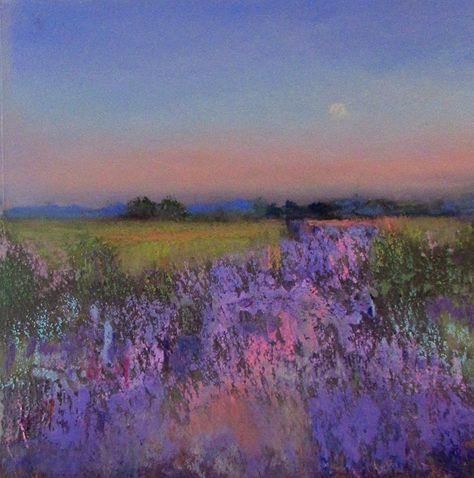 Lavender Fields by Eve Miller, Pastel, 8 x 8 Oil Pastel Landscape, Chalk Pastel Art, Soft Pastel Art, Pastel Artwork, Oil Pastel Paintings, Pastel Landscape, Oil Pastel Art, Chalk Pastels, Landscape Artwork