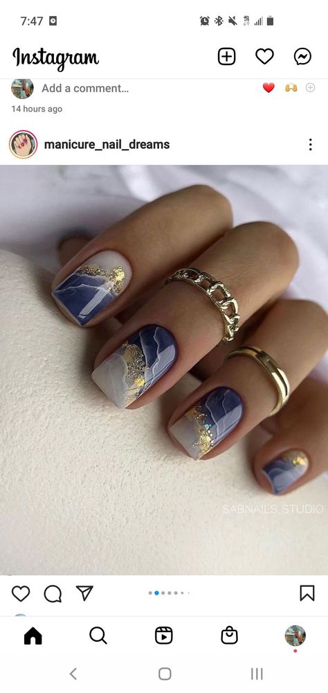 Nails short nails. Gold flake blue Nail Ideas With Foil, Dark Blue And Gold Nail Designs, Navy Nail Designs Fall, Gold Navy Nails, Gel Nails With Foil Flakes, Graduation Nails Blue And Gold, Nails With Gold Flakes Short, Blue And Gold Short Nails, Blue And Gold French Tip Nails