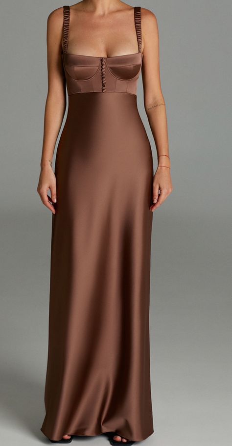 October Dresses, Satin Long Sleeve Dress, Brown Dresses Formal, Brown Bridesmaid Dresses, Anna October, Black Floral Maxi Dress, Stylish Wedding Dresses, Long Cocktail Dress, Satin Long Sleeve