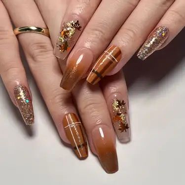 Fall Nail Inspo Dip Powder, Long Coffin Fall Nail Designs, French Nails For Fall, Christmas And Thanksgiving Nails, Thanksgiving Nail Inspiration, Sparkly Thanksgiving Nails, Fall Tortoise Shell Nails, Fall Nail Acrylic Designs, Copper Nails For Fall