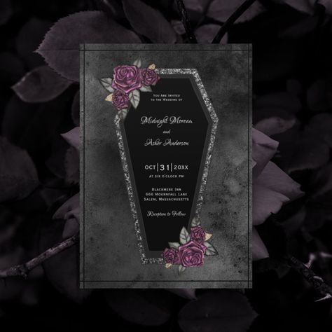 Coffin Black Grey Roses Sparkle Halloween Wedding Invitation - halloween invitations wbg Gothic Wedding Theme, Gothic Wedding Invitations, Halloween Wedding Invitations, Invitation Halloween, Goth Wedding, Dark Wedding, Grey Roses, Gothic Wedding, Halloween Invitations