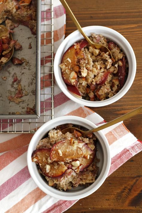 Cinnamon Plum Baked Oatmeal with Toasted Almonds | girlversusdough.com @girlversusdough #girlversusdough #breakfast #oatmeal #healthy #recipe Plum Oatmeal, Oatmeal Healthy, Peanut Butter Toast, Breakfast Oatmeal, Healthy Snacking, Breakfast Choices, Raw Almonds, Oatmeal Breakfast, Brunch Ideas