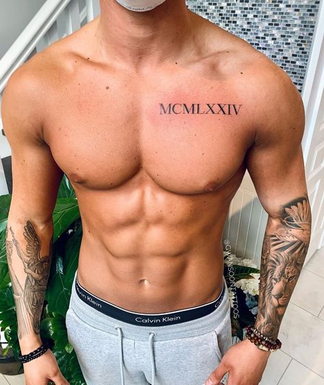 Roman Numerals On Chest, Roman Numeral Tattoo Men Chest, Chest Roman Numeral Tattoo, Roman Numeral Chest Tattoo, Roman Tattoos For Men, Chest Tattoo Roman Numerals, Date Tattoo Ideas For Men, Men's Back Tattoos, Men’s Chest Tattoos