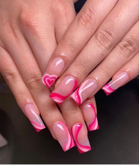 Hot Pink French Tip Nails With Heart, Pink White Red Nails, Pink Love Heart Nails, Pink Nail Designs Coffin Shape, Power Puff Heart Nails, Hot Pink Heart Nails, Hot Pink Nails Aesthetic, Pink Hearts Nails, Neon Pink Nails Design