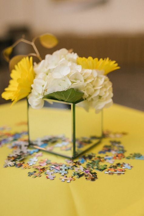 Puzzle Theme Wedding Receptions, Puzzle Piece Theme Party, Puzzle Piece Centerpieces, Puzzle Theme Party Decorations, Puzzle Piece Centerpiece Ideas, Puzzle Centerpiece Ideas, Puzzle Theme Party, Volunteer Appreciation Dinner, Corporate Event Centerpieces