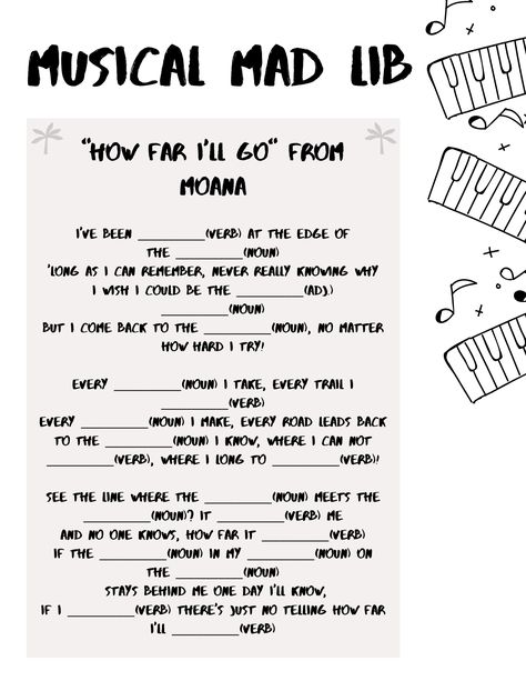 A musical mad lib for "How Far I'll Go" from Moana! Musical Mad Libs, Moana How Far I'll Go, Group Music Therapy Activities, Rec Games, Music Homeschool, Homeschool Music Lessons, Music Therapy Interventions, Music Therapy Activities, Choir Room