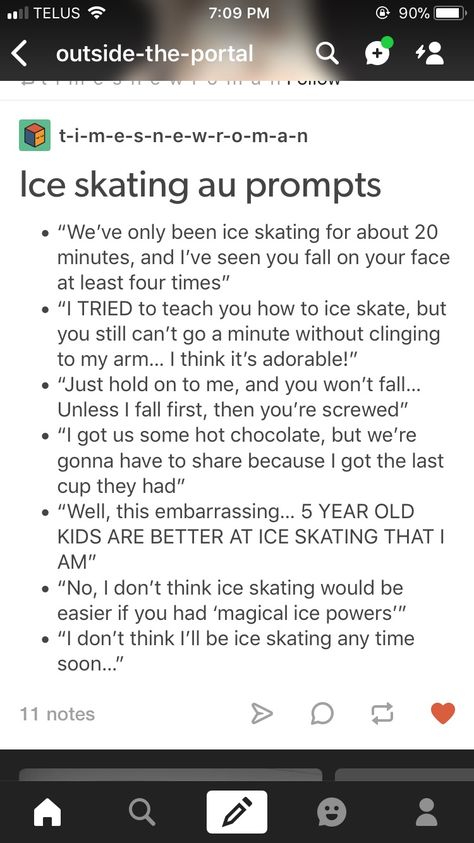 Ice Skating Writing Prompts, Friend Group Writing Prompts, Writing Aus Ideas, Friend Group Prompts, Au Prompts, Fall Writing Prompts, Otp Prompts, Story Writing Prompts, Book Prompts