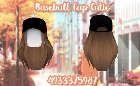 Cute long hair with baseball cap! (Not mine) Id Bloxburg, Bloxburg Hair Codes, Cap Code, Roblox Hair, Country Clothes, Code Roblox, Hair Codes, Code Clothes, Roblox Code