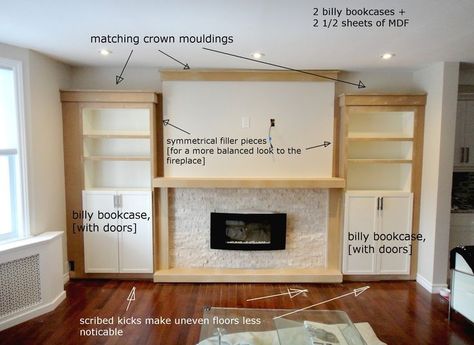 Built In Around Fireplace, Built In Bookshelves, Ikea Built In, Built In Shelves Living Room, Living Room Built Ins, Fireplace Built Ins, Ikea Billy Bookcase, Ikea Billy, Billy Bookcase