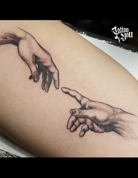 Creation Of Adam Tattoo, Adam Tattoo, Minimalist Tattoo Meaning, Typography Tattoo, God Tattoos, Muster Tattoos, Tattoo Equipment, Subtle Tattoos, Tattoo Trends