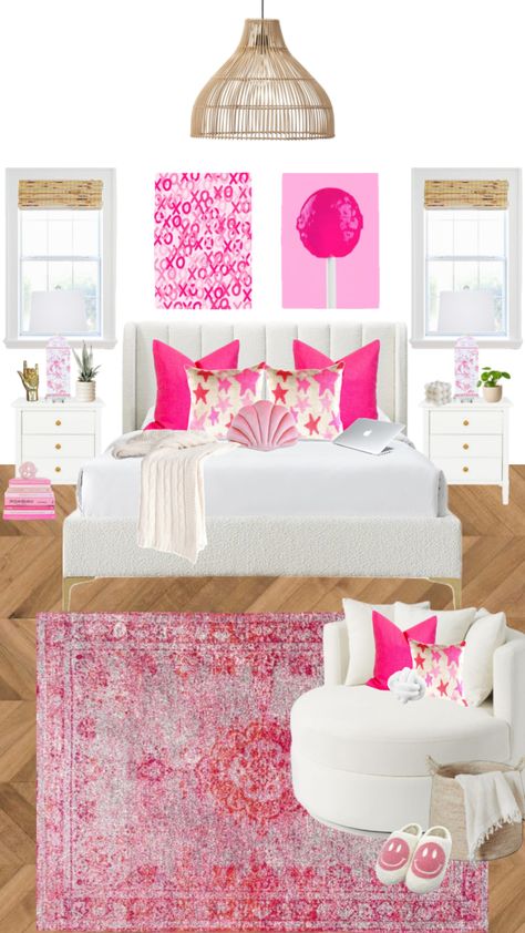 Preppy Bedroom Aesthetic Pink, Bright Pink Room Ideas, Hot Pink And White Bedroom, Room Ideas Hot Pink, Hot Pink And Gold Bedroom, Hot Pink Room Ideas, Hot Pink Bedroom Aesthetic, Hot Pink Room Aesthetic, Bright Pink Bedroom