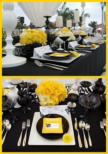 soiree | Unique Pastiche Events Batman Wedding, Yellow Wedding Theme, Flowers Candles, Yellow Party, Decoration Restaurant, Party Tables, Yellow Theme, Reception Centerpieces, Table Set Up