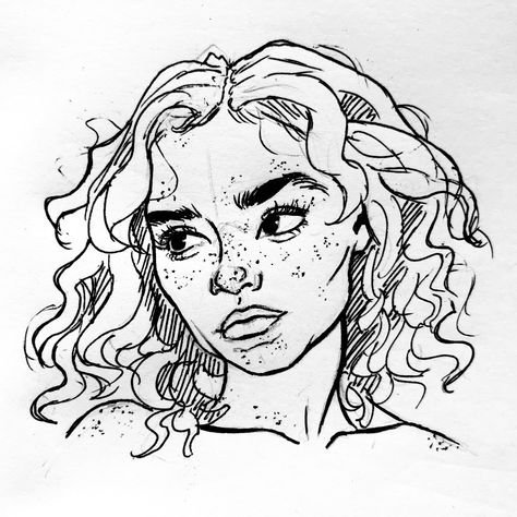 //Insta: @faithhorstdraws// B&W ink character drawing, woman with short curly hair & freckles Curly Hair Outline Drawing, Freckles Drawing Reference, Curly Hair Woman Drawing, Short Curly Hair Drawing Reference, Girl With Curly Hair Drawing, Short Curly Hair Drawing, Curly Hair Freckles, Funky Curly Hair, Hatching Art