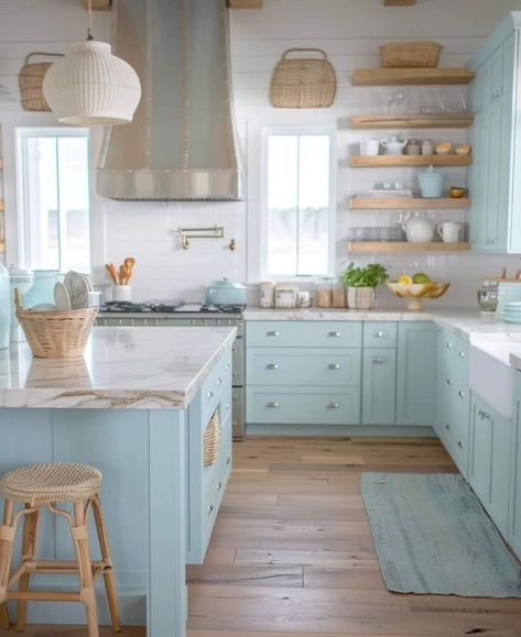 Cozy Beach House Kitchen, Boho Blue Kitchen, Beachy Kitchen Ideas, Beachy Kitchen, Yellow Kitchen Cabinets, Mediterranean Kitchen Design, Bathroom Aesthetics, Coastal Kitchen Decor, Beach Kitchen