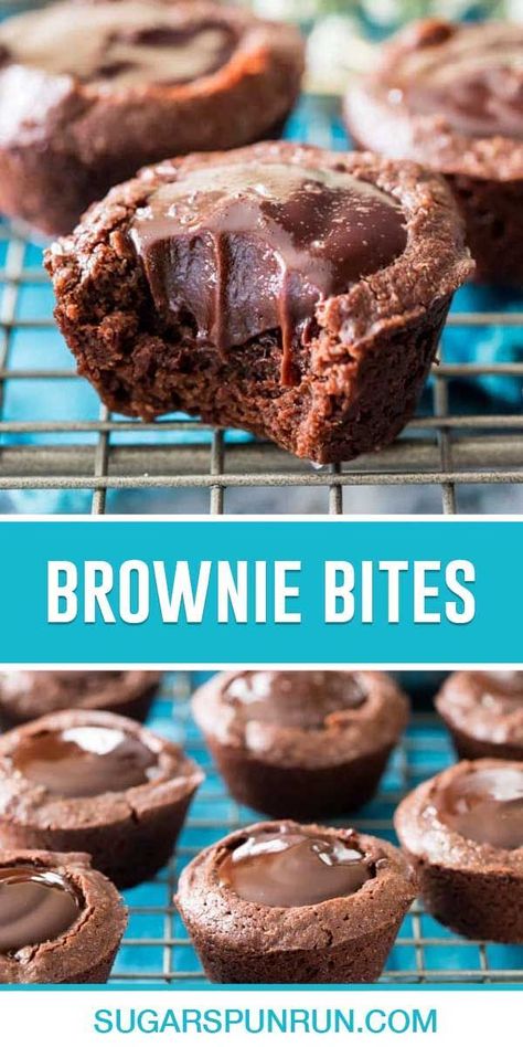 Fudgy brownie bites filled with an (optional) chocolate ganache filling! These are chocolatey, soft, and chewy treats that can be made in a mini muffin tin! Mini Brownie Bites With Frosting, Mini Brownie Cups Muffin Tins, Filled Brownie Cups, Brownie Bites With Ganache, Brownie Muffin Tin, Muffin Tin Brownies Recipe, Mini Chocolate Desserts For Parties, Cookie Cup Recipes Muffin Tins, Brownie Mini Muffin Pan