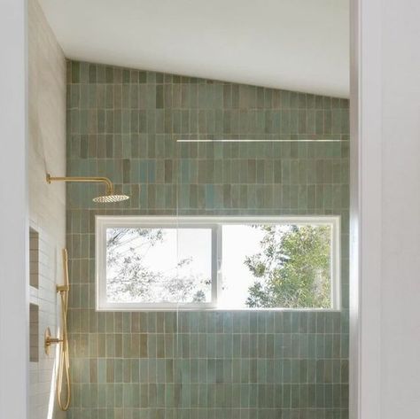 Shop this Instagram from @zia_tile Green Zellige Tile Bathroom, Light Green Tile Bathroom, Pale Green Tile Bathroom, Pale Green Bathroom, Zia Tile Absinthe, Green Stacked Tile Bathroom, Light Green Tile, Pale Green Bathroom Tiles, Sage Glass Tile Bathroom