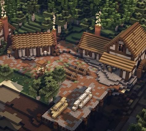 Minecraft Town Hall Interior, Minecraft Lumber Yard, Black Smith Minecraft, Minecraft Lager, Minecraft Midevil Village Ideas, Minecraft Lumber Mill, Minecraft Update, Rumah Minecraft Sederhana, Lumber Yard