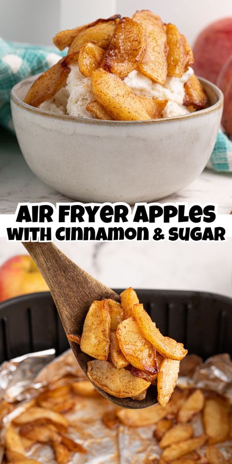 Air fryer cinnamon and sugar apples on ice cream photo and cinnamon sugar apples in air fryer. Air Fryer Cinnamon Apples, Air Fryer Apples, Sauteed Apples, Apples With Cinnamon, Air Fryer Recipes Low Carb, Healthy Desserts For Kids, Healthy Dessert Options, Vegan Pumpkin Pie, Quick Dessert