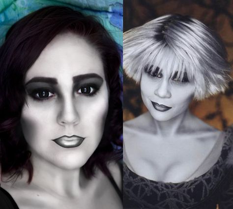 Great Grey Scale!!! Me v. Chiana from Farscape. Grey Scale Makeup, Ancestor Makeup The Addams Family, Scale Makeup, Middle School Makeup, Hollywood Halloween, Ghost Makeup, Makeup Subscription Boxes, Big Eyes Makeup, Makeup Themes