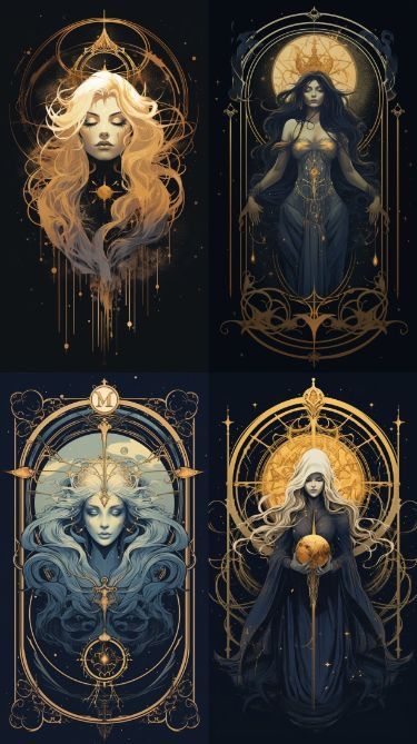 Modern Tarot Cards, Tarot Cards Art Illustration, Peter Mohrbacher, Witches Tarot Cards, Moon Goddess Art, Ornate Border, The Moon Tarot Card, Art Deco Artwork, Beautiful Flower Drawings