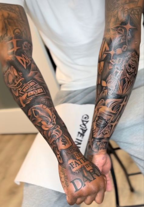 Hand To Forearm Tattoo For Men, Time Sleeve Tattoo For Men, Top Quarter Sleeve Tattoo, Dark Skin Tattoo Men Forearm, Arm Sleeve Black Man, Rare Tattoos Men Hand, Hood Sleeve Tattoos For Guys, Whole Forearm Tattoo Men, Hood Arm Tattoos Men