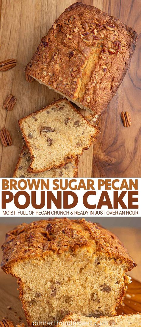 A Southern twist on a classic, this Brown Sugar Pecan Pound Cake is rich, moist and full of Pecan crunch and ready in just over an hour. #brownsugar #poundcake #pecanpoundcake #brownsugarpoundcake #cake #dessert #bread #dinnerthendessert Cinnamon Roll Pound Cake, Pecan Pound Cake, Brown Sugar Pound Cake, Pecan Crunch, Chocolate Chip Pound Cake, Sugared Pecans, Pecan Cake, Loaf Cake, Pound Cake Recipes