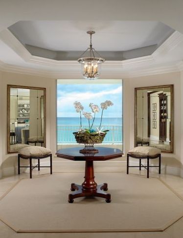 Octagon tray ceiling with bay windows in dining room Tray Ceiling Ideas Living Room, Tray Ceiling Living Room, Tray Ceiling Ideas, Ceiling Ideas Living Room, Trey Ceilings, Beach Style Living Room, Beach Interior, Hickory Chair, Foyer Decorating