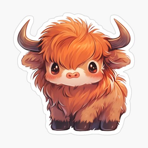 Cute Kawaii Scottish Hairy Baby Highland Cow by CozyKawaiiArt | Redbubble Highland Cow Sticker, Scottish Cow, Cow Drawing, Giraffe Painting, Baby Highland Cow, Cute Cartoon Drawings, Big Art, Kawaii Design, Anime Dolls