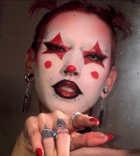 Black Red And White Makeup, White Face Clown Makeup, Red Clown Makeup Halloween, Protest Makeup, Gothic Clown Outfit, Punk Clown Makeup, Halloween Red Makeup, Red And Black Clown Makeup, Clown Makeup Red