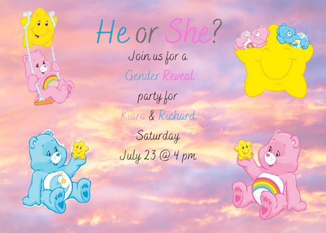 Care Bear Gender Reveal Invitations, Care Bear Gender Reveal Ideas, Care Bears Gender Reveal, Carebear Gender Reveal, Care Bear Baby Shower Invitations, Care Bear Gender Reveal, Gender Reveal Cartoon Themes, Care Bears Invitations, Ways To Reveal Baby Gender