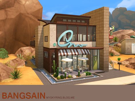 Combine work with living in this converted restaurant home.  Featuring one bedroom, two bathrooms, cafe on the first floor and more.  Found in TSR Category 'Sims 4 Residential Lots' Sims 4 Residential Lots, House Sims 4, Sims 4 Blog, Small Restaurant, My Sims, Sims 4 Expansions, Sims 4 House Design, Small Bar, Restaurant Architecture