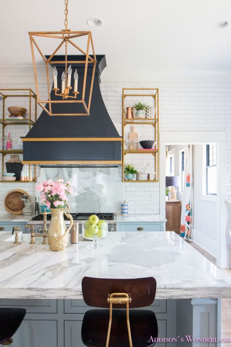 Addison's Wonderland: The Truth About Marble… Selecting, Caring and Cleaning Your Marble Countertops from a Pro! Cleaning Marble Countertops, Styling Open Kitchen Shelves, Kitchen Shelving, Chevron Tile, Modern Cafe, Young House Love, Open Kitchen Shelves, White Backsplash, Yellow Kitchen