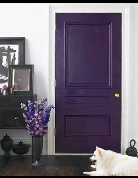 Purple interior door? Why not! This can add colour to a bright and neutral room without making it dark and gloomy. Deco Violet, Martha Stewart Home, Purple Sofa, Purple Door, Purple Home, Earthship, All Things Purple, Bedroom Doors, Door Color