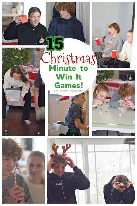 Hilarious and Fun Minute To-Win It Games for Christmas. Perfect for holiday parties, church, New year's Eve parties, and school. Great games for kids, teens, and adults to play! Simple Christmas Games, Minute To Win It Games Christmas, Christmas Minute To Win It, Snow Games, Games For Christmas, Gift Games, Fun Holiday Games, Christmas Pretzels, Christmas Games For Adults