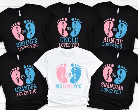 "Gender Reveal Party T-Shirts, Pink or Blue We Love You, Custom Family Matching Shirts Mommy Daddy Brother Sister, Baby Announcement, Baby Shower -------------------------------------------------------------------------------------- HOW TO ORDER: 1-)  Please make sure you check and review all product photos 2-) Pick your t-shirt type and size from the first drop down menu 3-) Pick your t-shirt color from the second drop down menu 4-) Use our personalization box to write the details eg different Gender Reveal Outfit, Baby Shower Shirts, Party T Shirts, Gender Reveal Shirts, Family Matching Shirts, Gender Party, Baby Gender Reveal Party, Baby Gender Reveal, Pink Or Blue