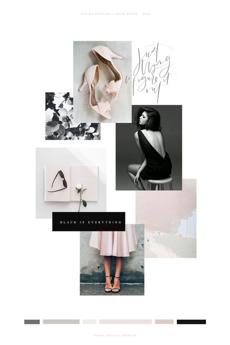 Luxury Mood Board Inspiration, Black White Pink Branding, Elegant Layout Design, Concept Board Ideas, Mood Board Black And White, Chic Mood Board, Elegant Moodboard, Feminine Mood Board, Modern Mood Board