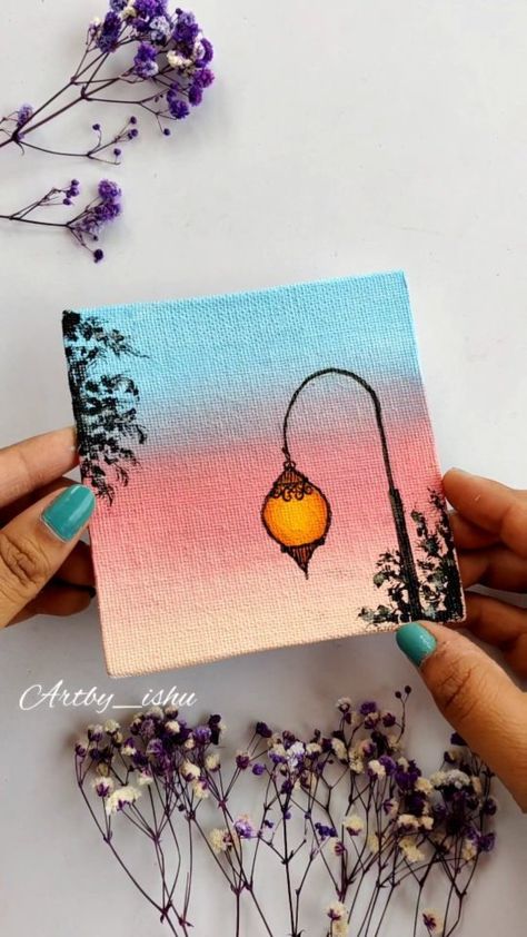 Easy Things To Paint On Canvases Aesthetic, Lamp Painting Ideas, Pastel Painting Aesthetic, Mini Art Paintings, Lamp Painting, Sky Art Painting, Boho Art Drawings, Canvas Art Quotes, Color Drawing Art