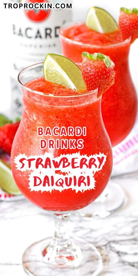 Strawberry Mixed Drinks, Strawberry Rum Drinks, Drinks With Bacardi Rum, Frozen Daiquiri Recipe, Bacardi Drinks, Frozen Mixed Drinks, Drinks Strawberry, Strawberry Daiquiri Recipe, Frozen Strawberry Daiquiri