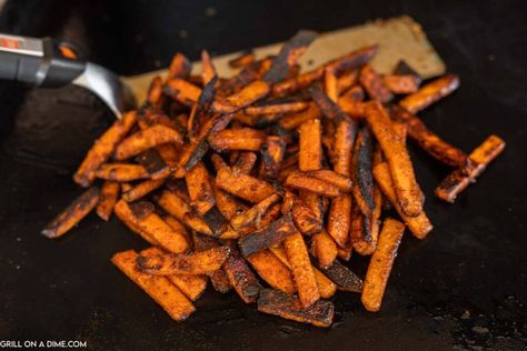 Blackstone Sweet Potato Fries - grillonadime.com Fries On The Blackstone, Blackstone Sweet Potato Fries, Sweet Potato Fries Freezing, How To Get Crispy Sweet Potato Fries, Skirt Steak And Sweet Potato Fries, Home Fries On Blackstone Griddle, Sweet Potato Fried, Sweet Potatoes Fries, Recipes Sweet Potato