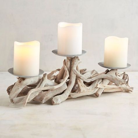 Driftwood Candle Holders - Coastal Decor Ideas Interior Design DIY Shopping Driftwood Candle Holders Diy, Centerpiece Candle Holder, Driftwood Centerpiece, Beach Decorations, Mermaid Ideas, Driftwood Candle Holders, Driftwood Candle, Driftwood Furniture, Elegant Tablecloth