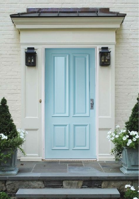 Pearl White Brick & Trim with Baby Blue door White Brick House With Blue Door, French Doors Front Door, Blue Craftsman, White Stucco House, Bright Front Doors, Brown Front Doors, Front Door Canopy, Cottage Front Doors, Hallway Door