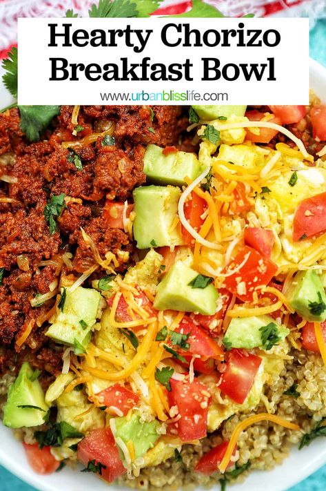 Chorizo Burrito Bowl, Scramble Bowl, Chorizo Breakfast, Breakfast Bowls Recipe, Packed Breakfast, Breakfast Burritos Recipe, Protein Bowls, Protein Packed Breakfast, High Protein Breakfast