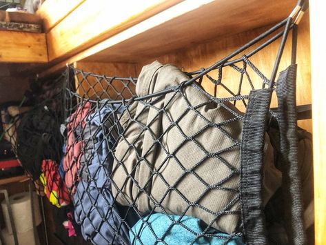 Vanlife Clothes Storage, Van Life Hammock, Van Life Clothes Storage, Van Storage Ideas Organizing, Camper Van Clothes Storage, Van Shelving Ideas, Caravelle Conversion, Van Renovation, Van Life Essentials